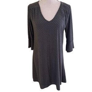 Loveappella Grey Knit Dotted Swiss V-neck 3/4 Sleeve Shift Dress S